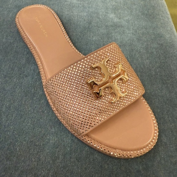 TORY BURCH EVERLY RHINESTONE SLIDES, MALVA / CRYSTAL / GOLD, SIZE 7, RETAIL $348 - Picture 3 of 5